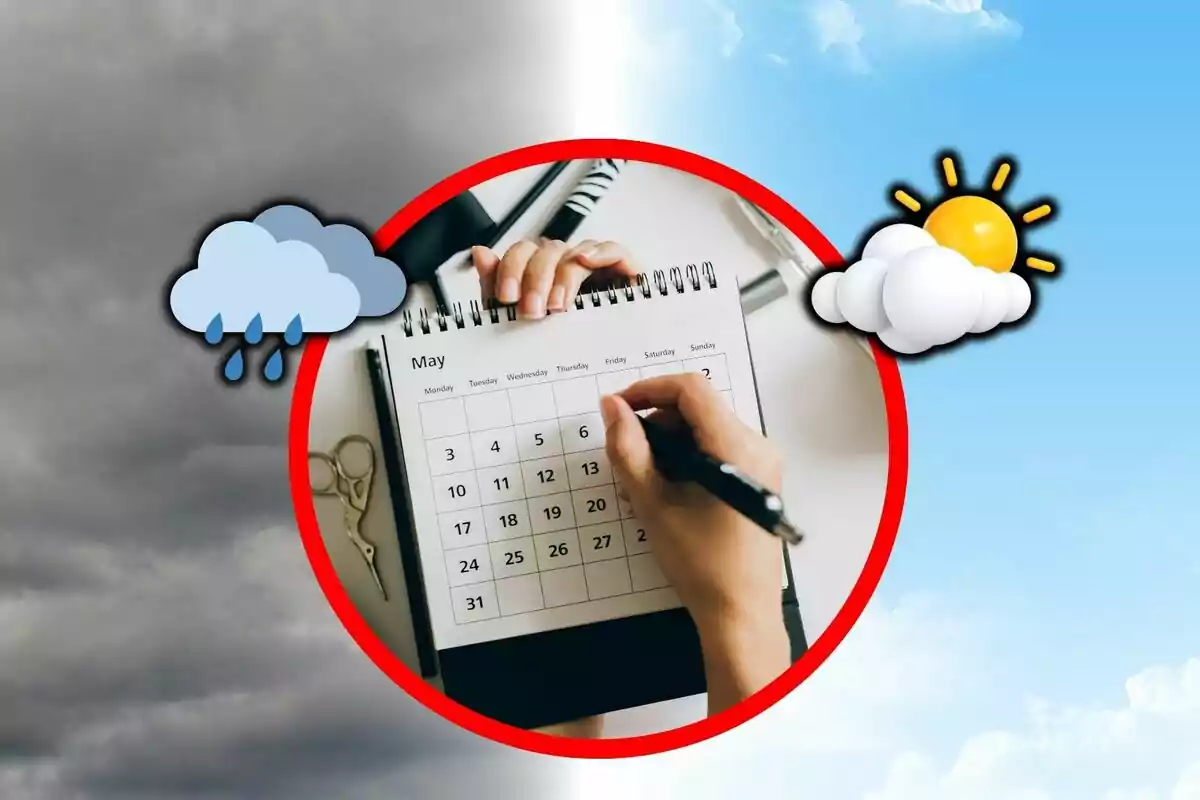 Una mano sostiene un bolígrafo sobre un calendario de mayo, rodeado por un círculo rojo, con un fondo dividido entre nubes oscuras y un cielo soleado.