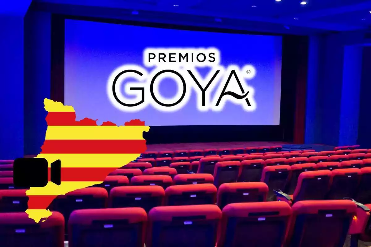 Montaje de fotos de un cine y, al lado, un emoji de la silueta del territorio de Cataluña con el logo de los premios Goya al lado