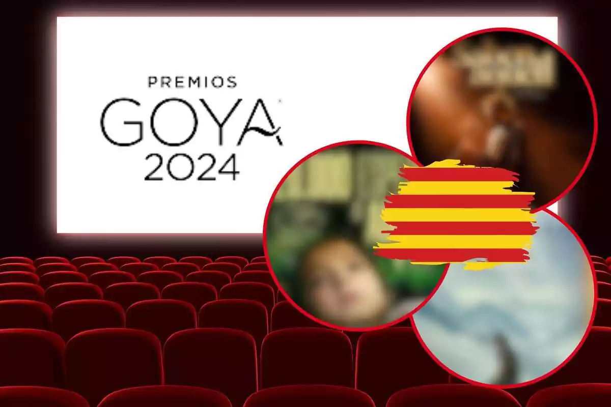 Plano general de las butacas de un cine y, al lado, tres redondas con imágenes borrosas, la bandera catalana y el logo de los Premios Goya