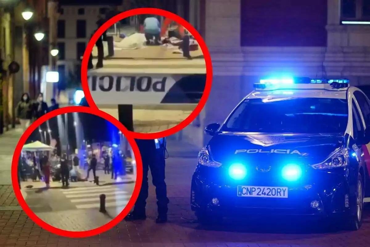 Patrulla de policía con luces encendidas en una calle de noche y dos recuadros rojos mostrando escenas de un operativo policial con personas y una zona acordonada.