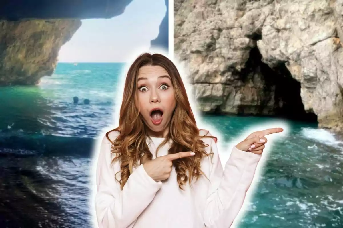 Montaje de fotos de dos imágenes de la Cova del Llop Marí y, al lado, una persona con rostro sorprendido