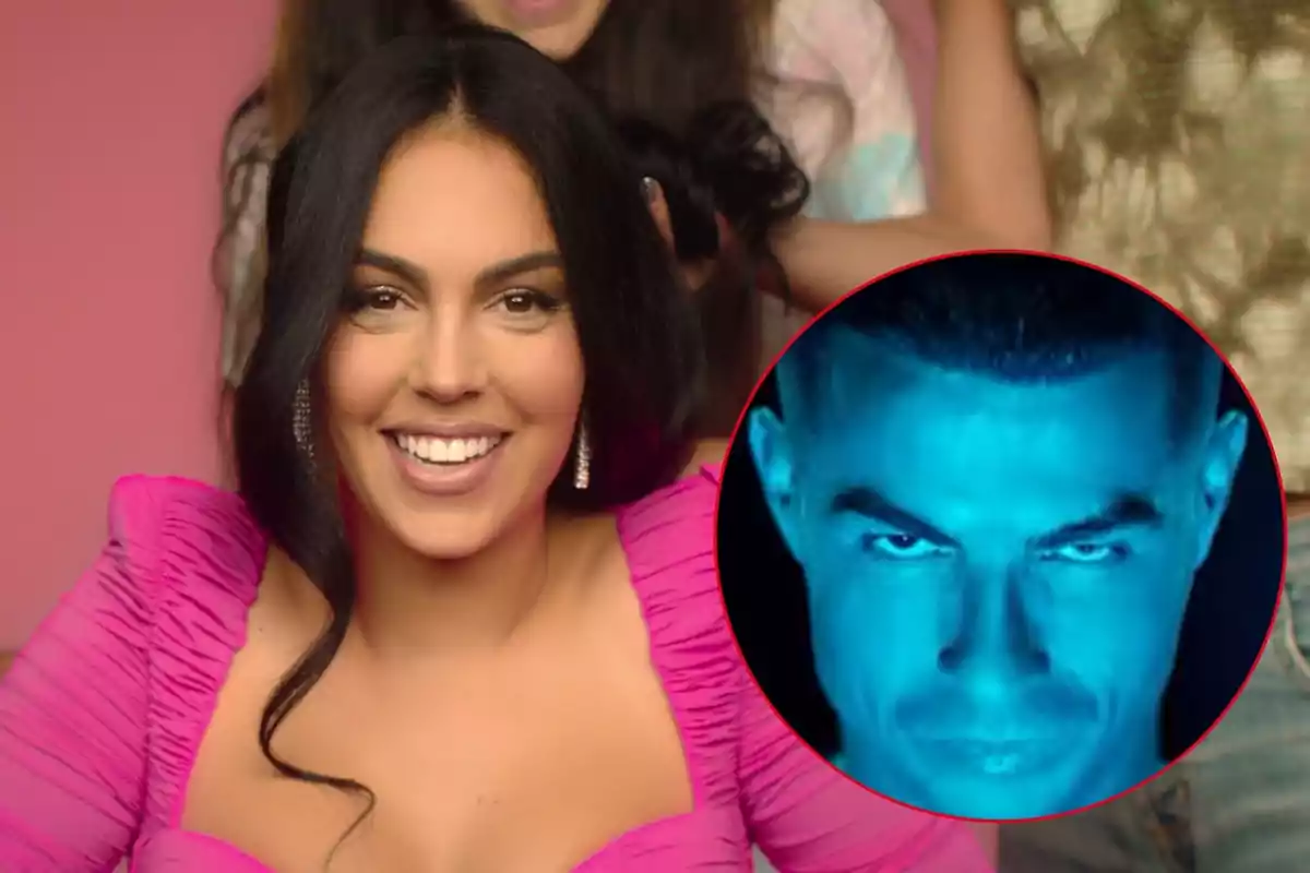 Una mujer sonriente con un vestido rosa y un recuadro que muestra un rostro masculino iluminado en azul.