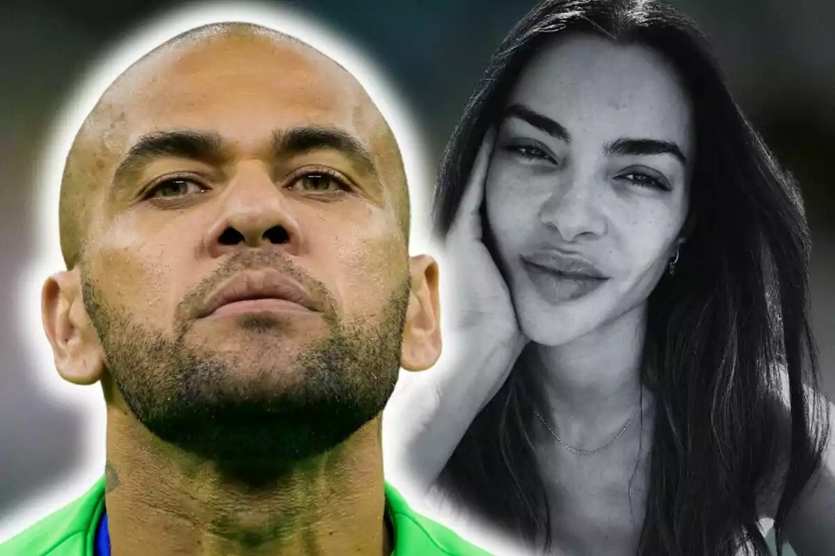 Primer plano de Dani Alves con barba y su ex, Joana Sanz, con cabello largo y oscuro en blanco y negro.