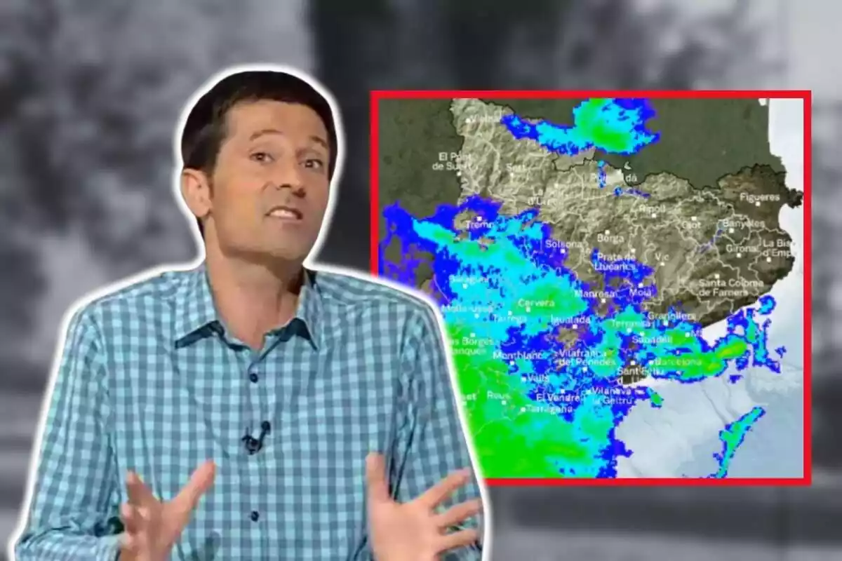 Montaje de fotos de plano medio de Dani Ramírez, meteorólogo de TV3, y al lado, un mapa de precipitaciones del MeteoCat