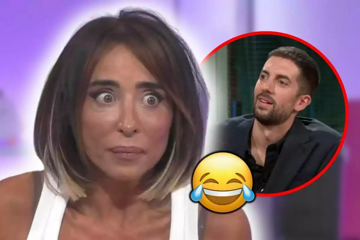 María Patiño con expresión de sorpresa en primer plano y David Broncano riéndose en un círculo rojo con un emoji de risa al lado.