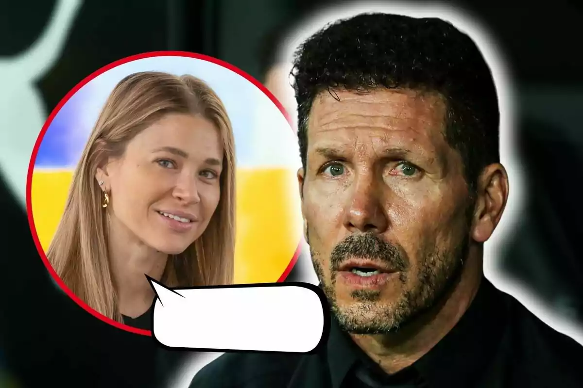 Montaje de fotos de Diego Simeone con expresión seria y Carla Pereyra en un círculo rojo con un globo de diálogo vacío.