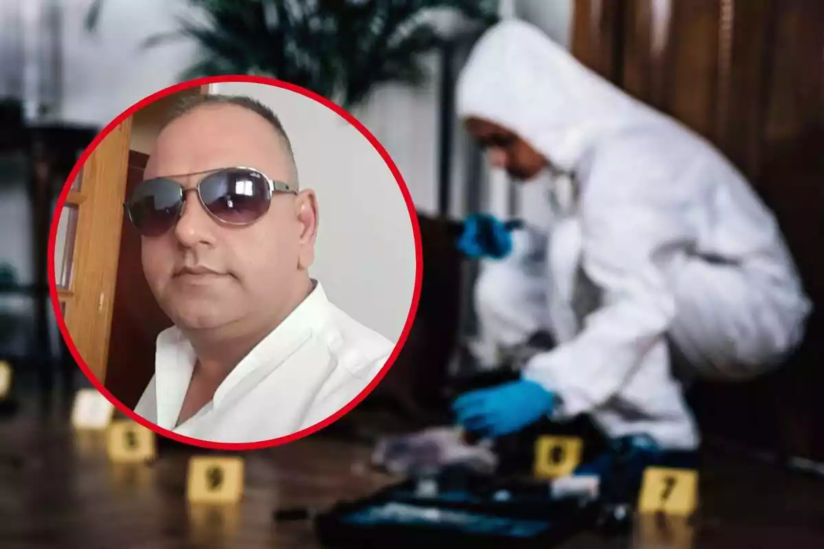 Montaje de fotos de Dilawar Hussain y, de fondo, un médico forense recaudando pruebas de un crimen