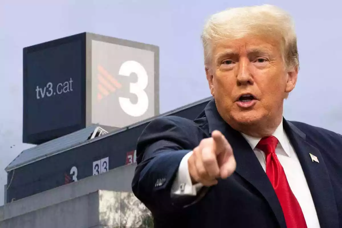 Montaje de fotos de las instalaciones de TV3 y, al lado, una imagen de Donald Trump con rostro de enfado