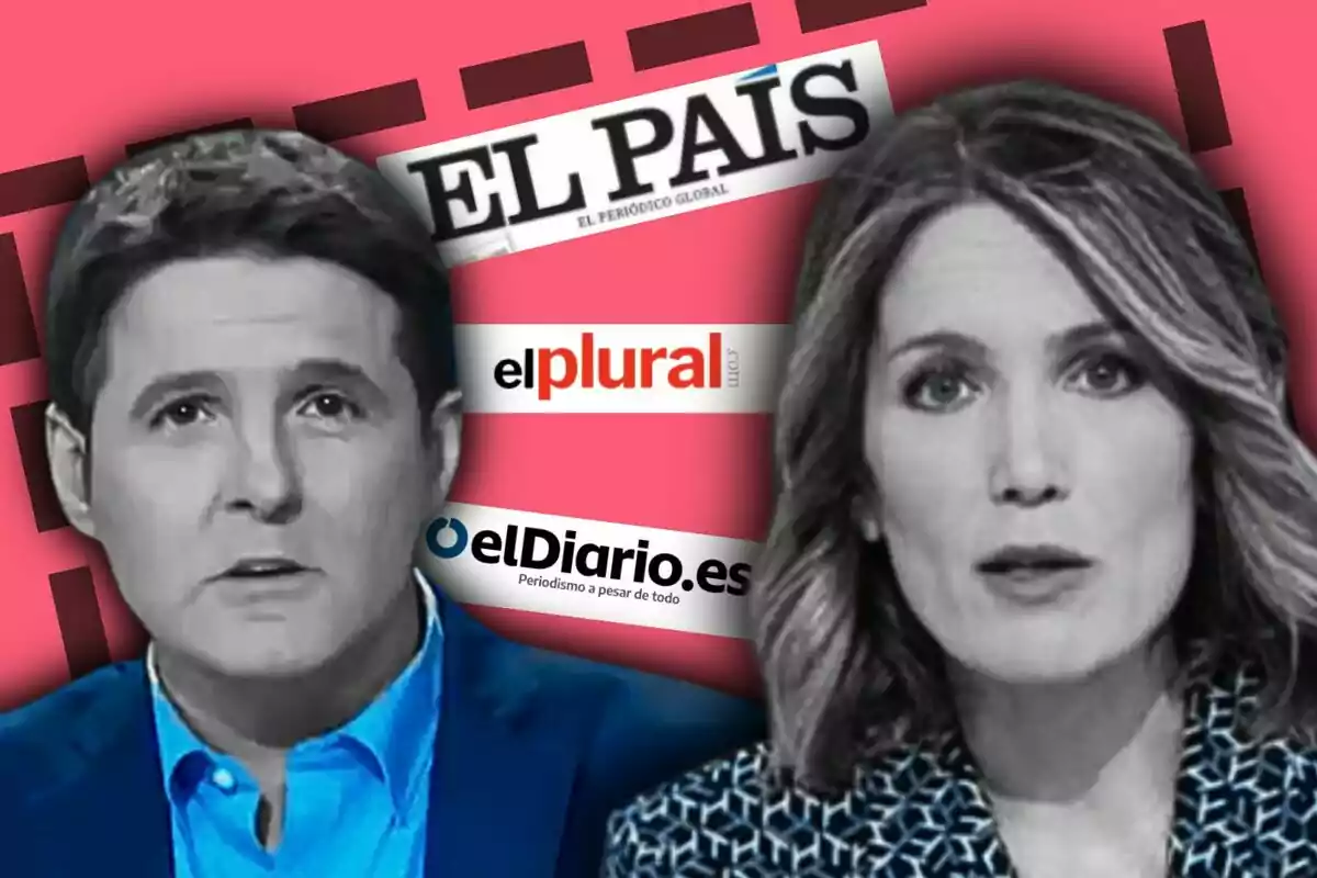 Dos presentadores de noticias en primer plano -que son Silvia Intxaurrondo y Jesús Cintora- con logotipos de medios españoles detrás de ellos como 'El País', 'elplural.com' y 'eldiario.es' sobre un fondo rosa.