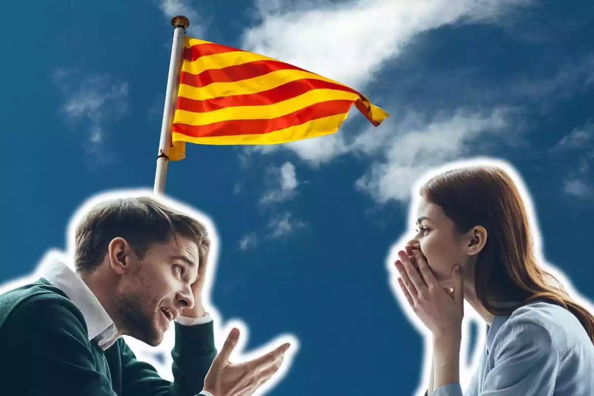 Montaje de fotos de dos personas hablando y la bandera catalana de fondo