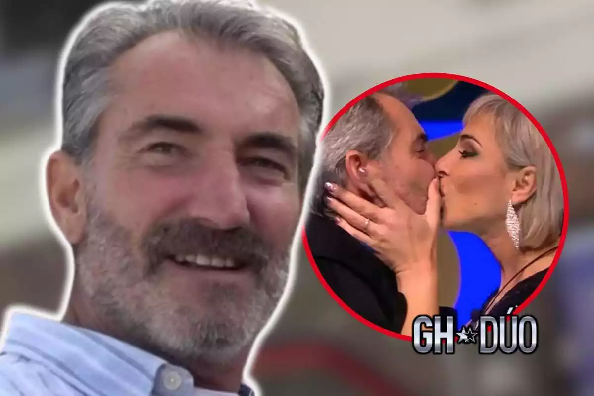 Montaje de fotos de primer plano de Eladio, con rostro sonriente, y al lado, una imagen de él con Ana María Aldón dándose un beso en la boca en pleno directo de 'GH Dúo'