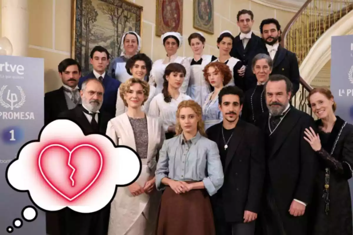 Montaje de fotos del reparto de la serie de TVE 'La Promesa' con un emoji de corazón roto al lado