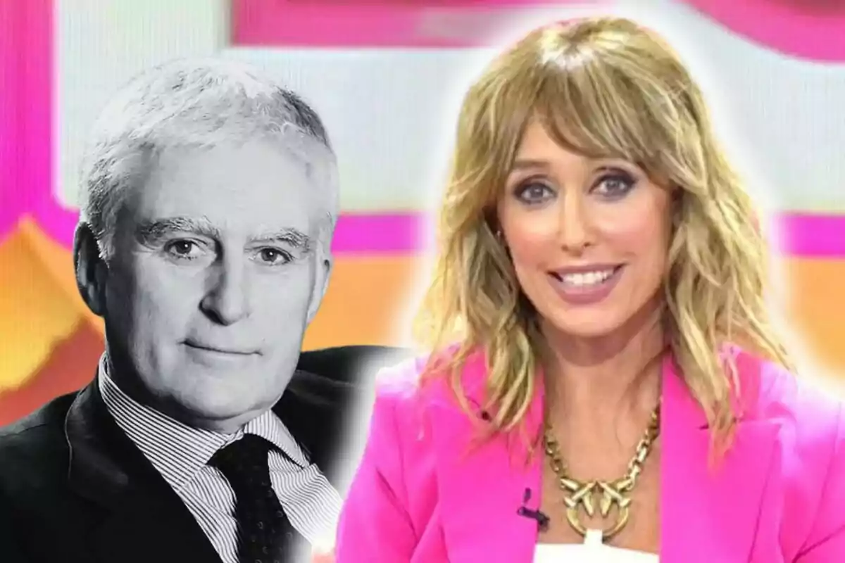 Primer plano de Emma García sonriente con chaqueta rosa y, al lado, Paolo Vasile en blanco y negro con traje y corbata.