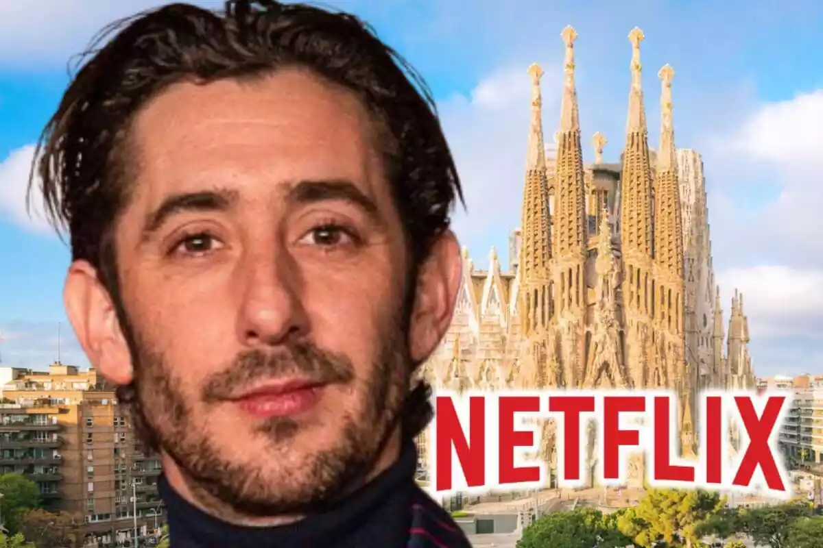 Montaje de fotos de primer plano de Enric Auquer con rostro medio sonriente y, de fondo, la Sagrada Família de Barcelona con el logo de Netflix al lado