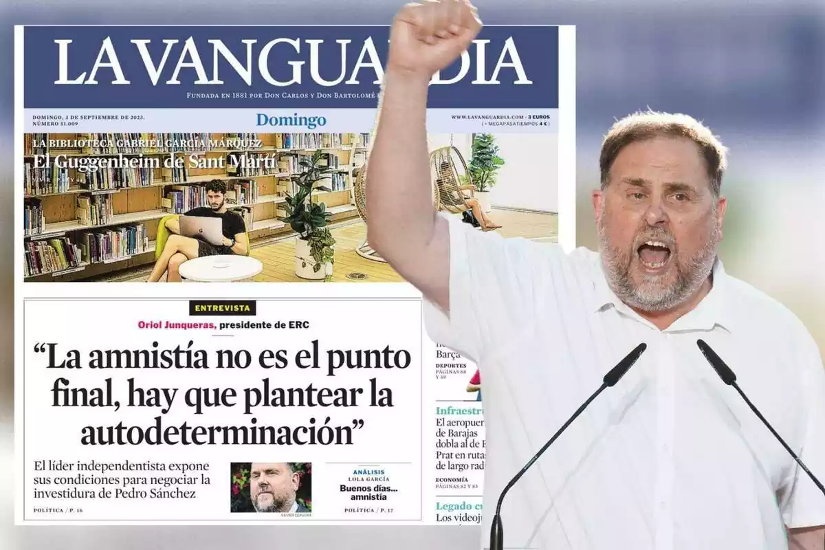 Montaje de fotos de Oriol Junqueras con la mano alzada en señal de protesta y, a su lado, la portada de 'La Vanguardia' donde aparece su entrevista hablando de la amnistía