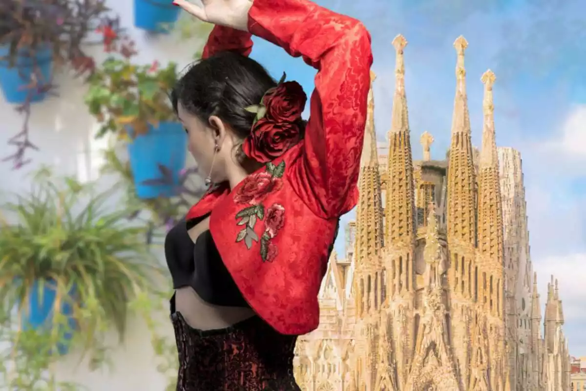 Montaje de fotos de una flamenca bailando de espaldas y, de fondo, una imagen de la Sagrada Familia de Barcelona
