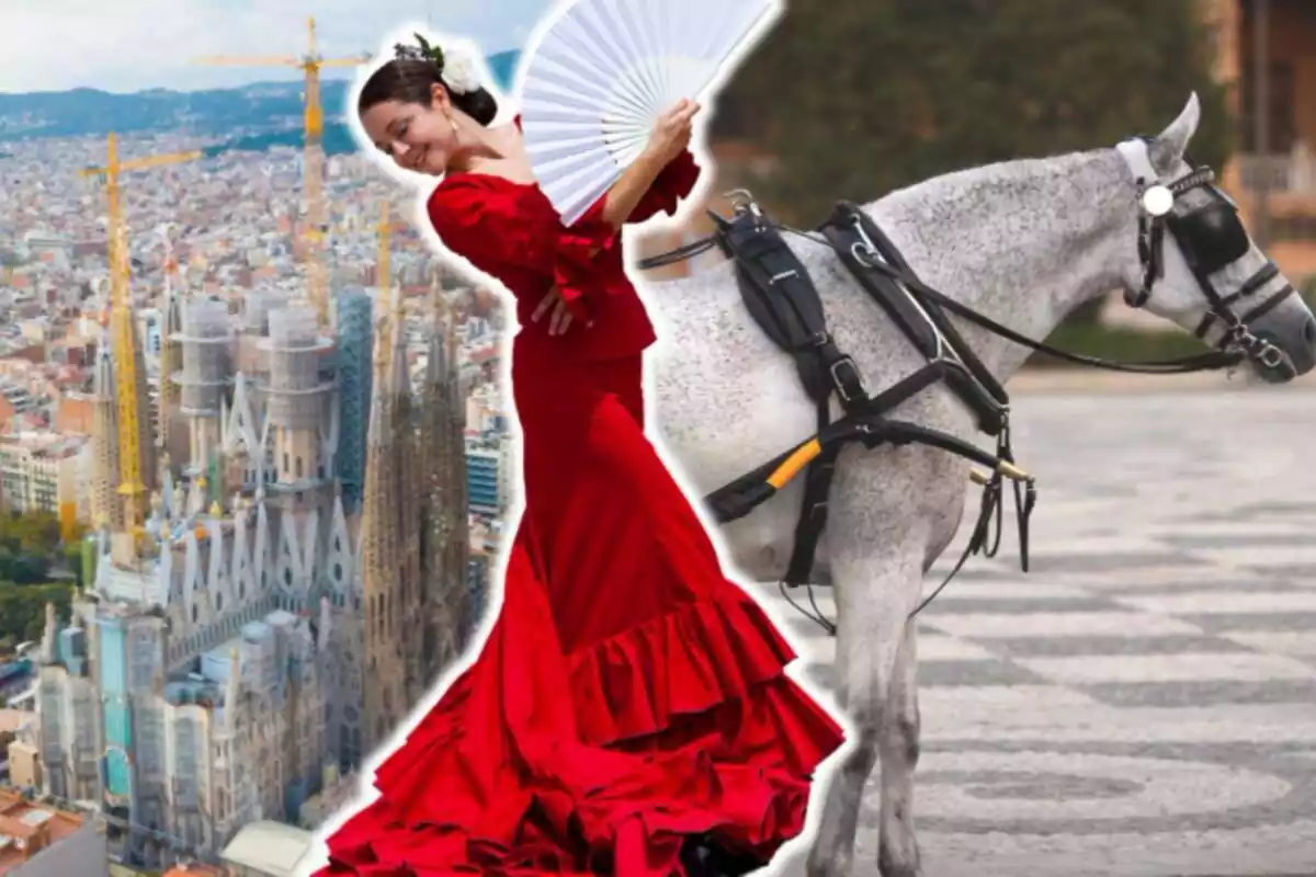 Montaje de fotos de las ciudades de Barcelona y Sevilla y, delante, una sevillana vestida de flamenca con un caballo al lado
