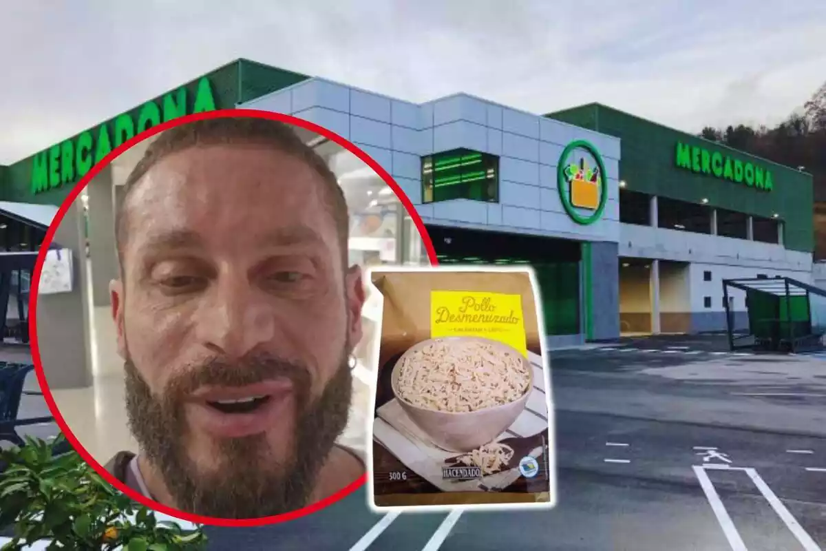 Montaje de fotos de primer plano de Fran Susín, con rostro neutro, y al lado una imagen del pollo desmenuzado congelado de Mercadona; de fondo, un plano general de una tienda Mercadona