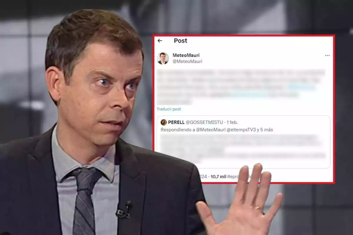 Montaje de fotos de Francesc Mauri con rostro serio y, al lado, una captura de pantalla con el contenido borroso de un tweet suyo