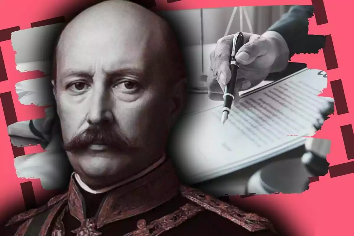 Un retrato en blanco y negro del general Serrano junto a una imagen de una mano sosteniendo un bolígrafo sobre un documento en un fondo rojo.