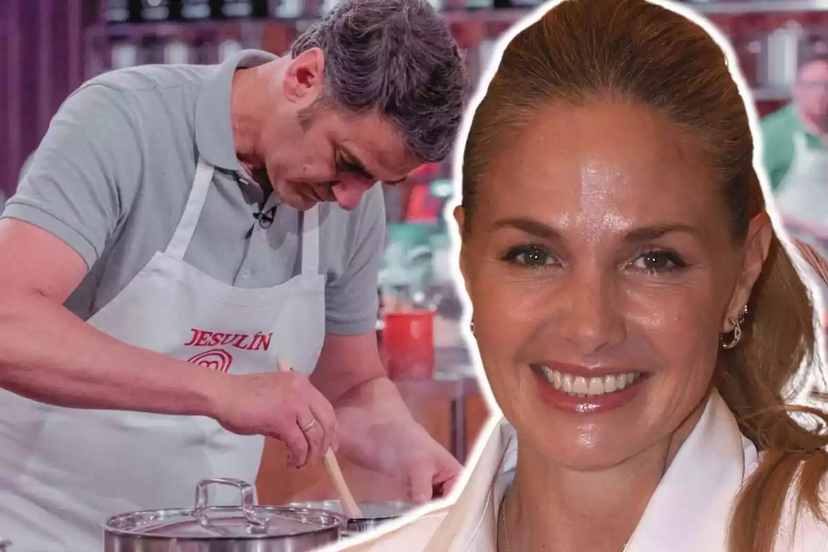 Montaje de fotos de primer plano de Genoveva Casanova sonriente y, de fondo, Jesulín de Ubrique cocinando en 'MasterChef Celebrity'