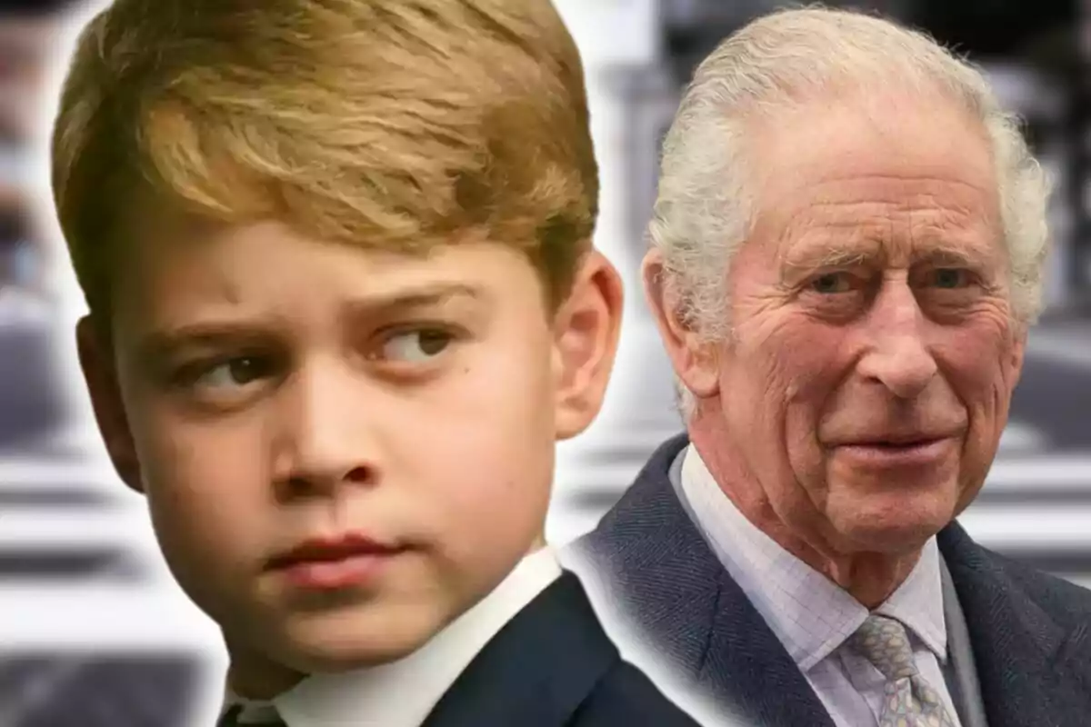Montaje de fotos de primer plano del príncipe George y Carlos III, ambos con rostro neutro.