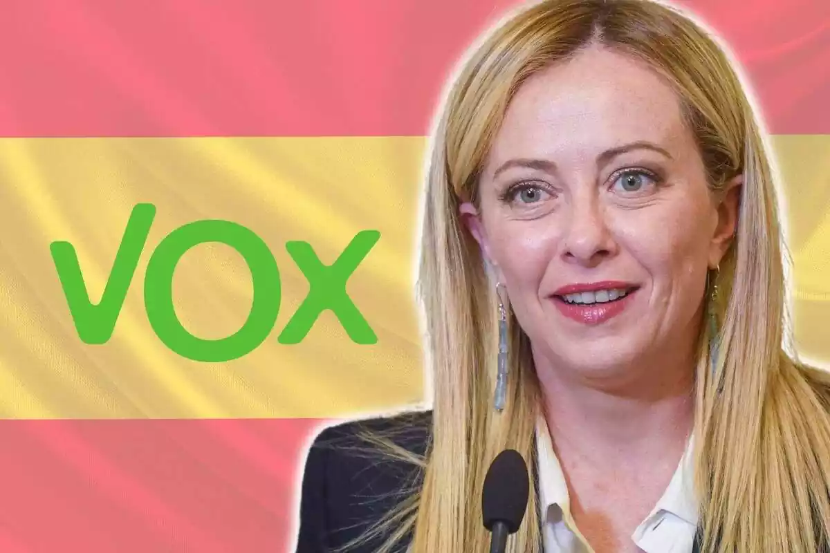 Montaje de fotos de Giorgia Meloni con la bandera de España de fondo y el logo de Vox al lado