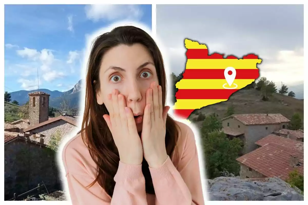 Mujer sorprendida con las manos en la cara frente a un paisaje rural de Gisclareny y un mapa de Cataluña con una ubicación marcada.