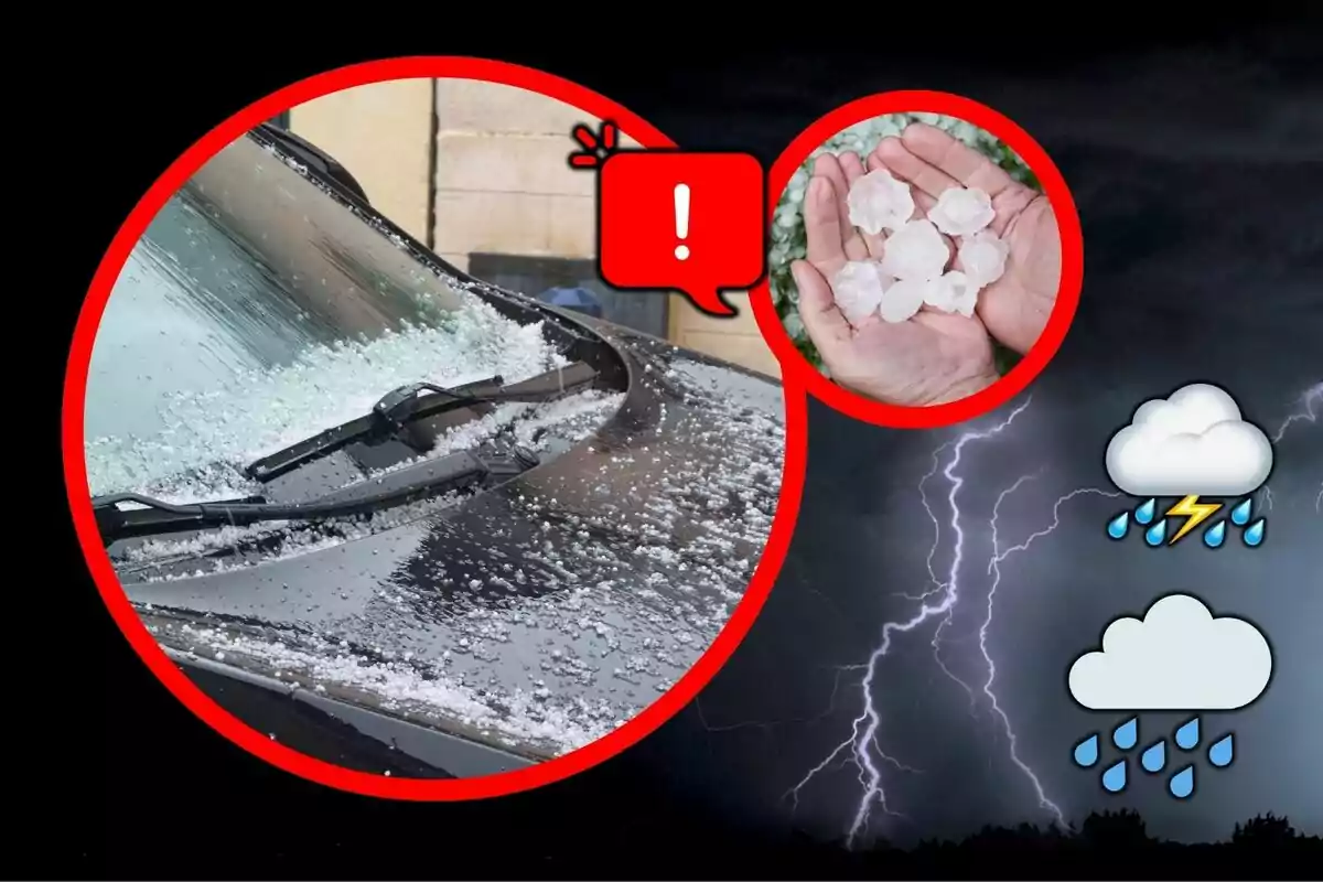 Imagen de un coche cubierto de granizo con una mano sosteniendo bolas de granizo, con fondo de una tormenta eléctrica y nubes de lluvia con relámpagos y gotas de agua. Imagen de un coche cubierto de granizo con una mano sosteniendo bolas de granizo, con fondo de una tormenta eléctrica y nubes de lluvia con relámpagos y gotas de agua.