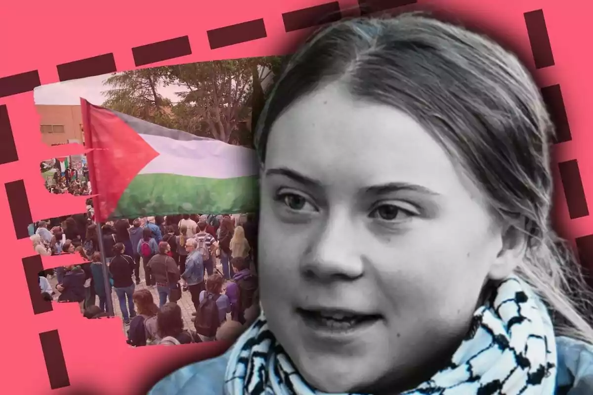 Greta Thunberg con bufanda a cuadros en primer plano y manifestación con bandera palestina de fondo sobre un diseño gráfico rosa.