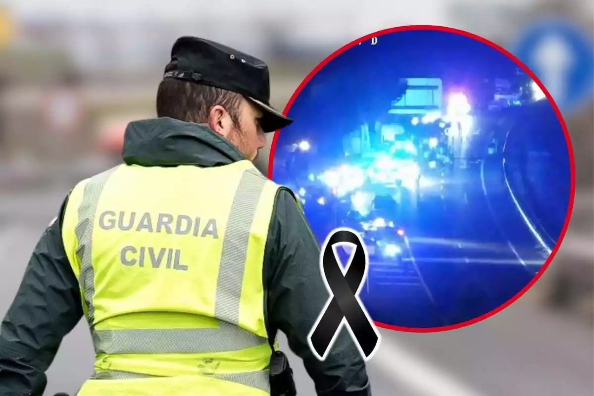 Montaje de fotos de un Guardia Civil de espaldas y, al lado, una imagen del accidente ocurrido en la AP-4 en Sevilla