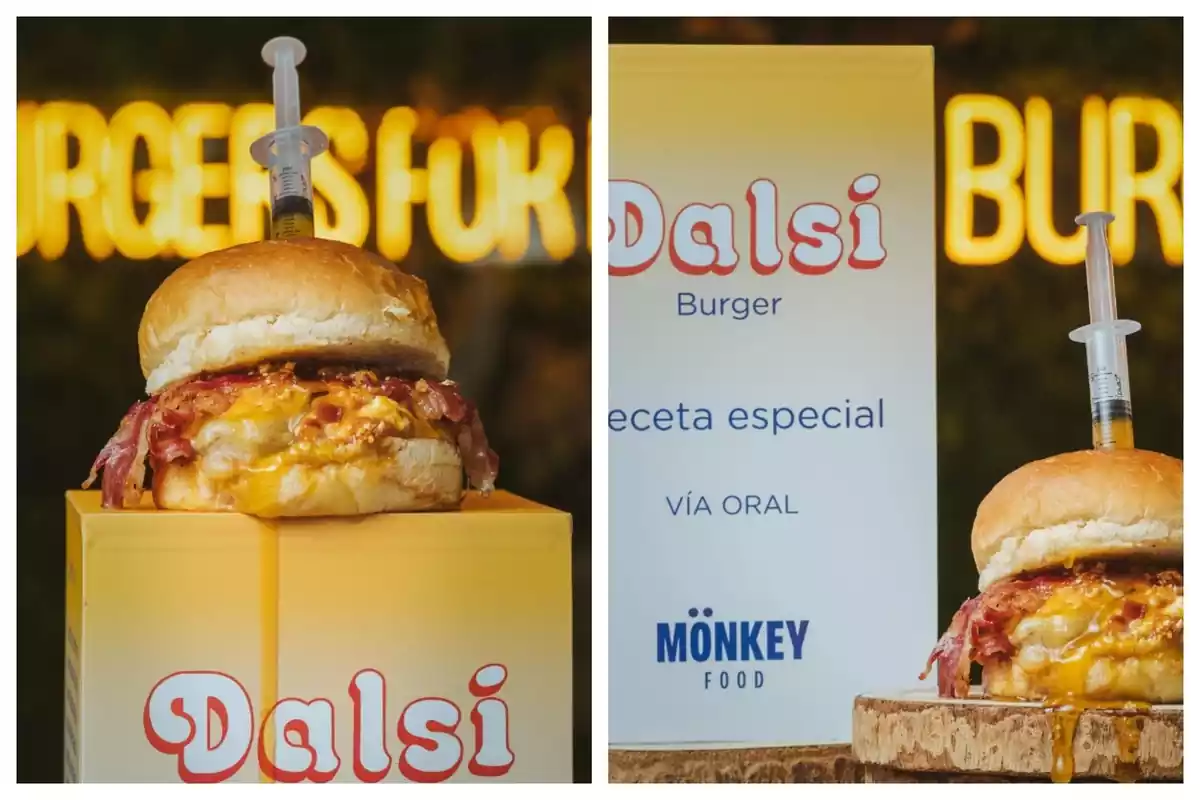Montaje de dos fotos de una hamburguesa de Mönkey Food que lleva Dalsi en sus componentes Montaje de dos fotos de una hamburguesa de Mönkey Food que lleva Dalsi en sus componentes