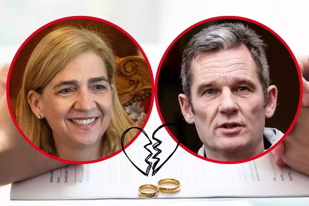 Montaje de fotos de primer plano de Iñaki Urdangarin con rostro serio y la infanta Cristina con rostro sonriente, ambos tienen al lado un emoji de corazón roto