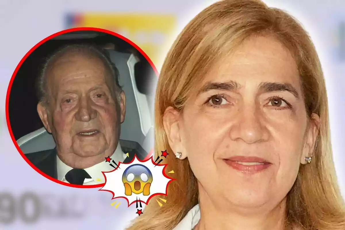 Montaje de fotos de primer plano de la infanta Cristina de Borbón con una expresión neutral y, al lado, una imagen de Juan Carlos I en un círculo rojo con un emoji de sorpresa.