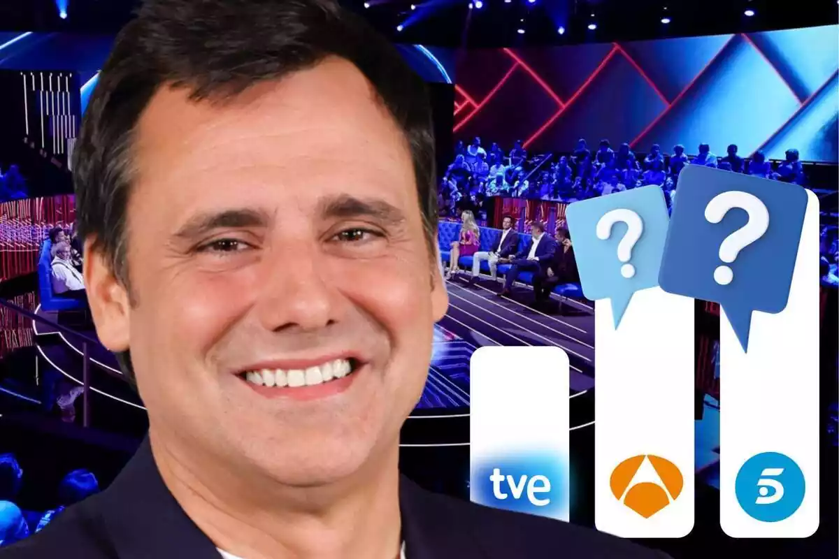 Montaje de fotos de Ion Aramendi, muy sonriente, y al lado un gráfico de barras con interrogantes y los logos de las principales cadenas de televisión en España: TVE, Antena 3 y Telecinco