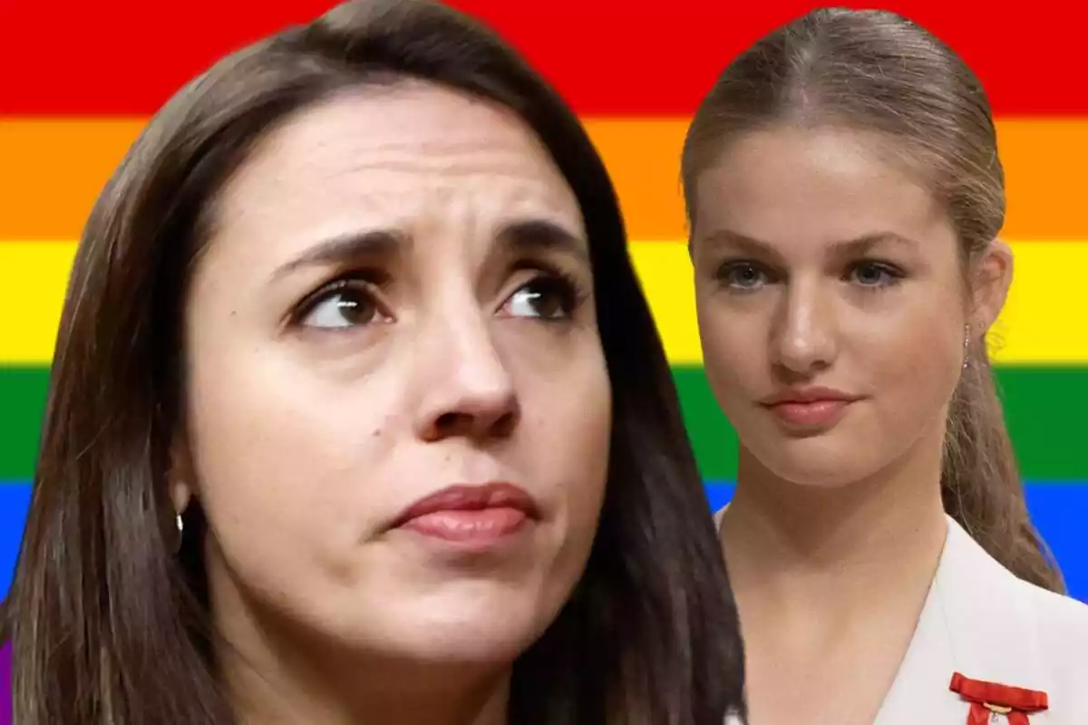 Montaje de fotos de Irene Montero y Leonor de Borbón con la bandera lgtbi de fondo