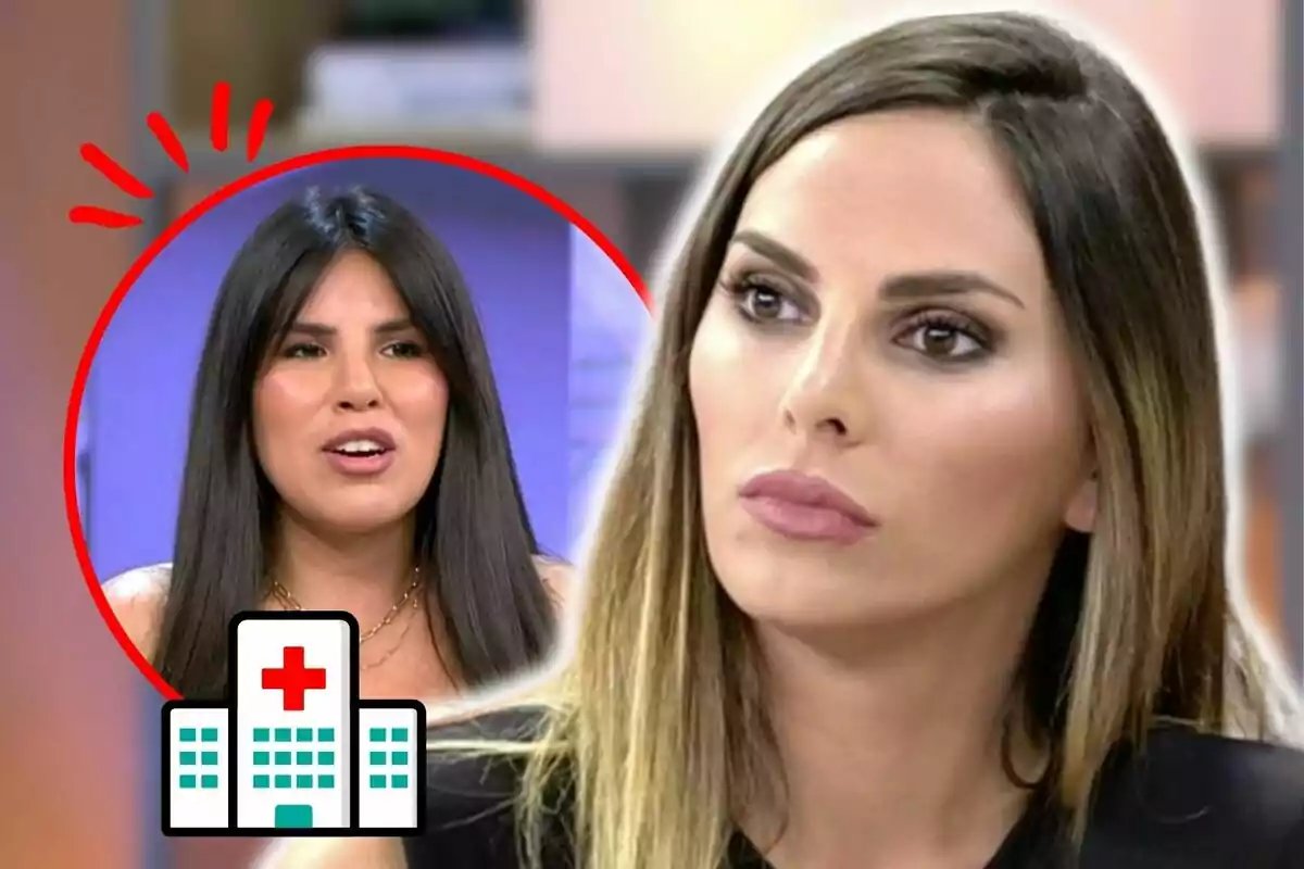 Montaje de fotos de primer plano de Isa Pantoja e Irene Rosales con un emoji de hospital en la parte inferior.