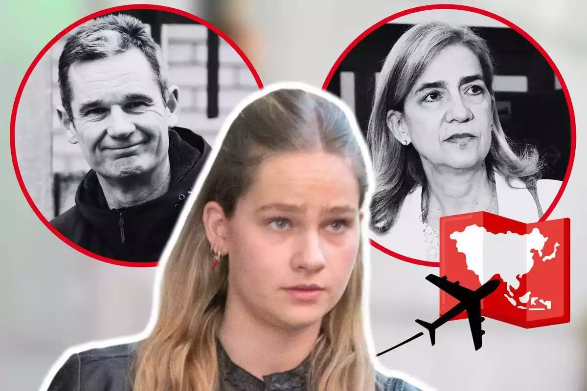 Montaje de fotos de Irene Urdangarin y sus padres: Iñaki Urdangarin y la infanta Cristina; los tres con rostro serio