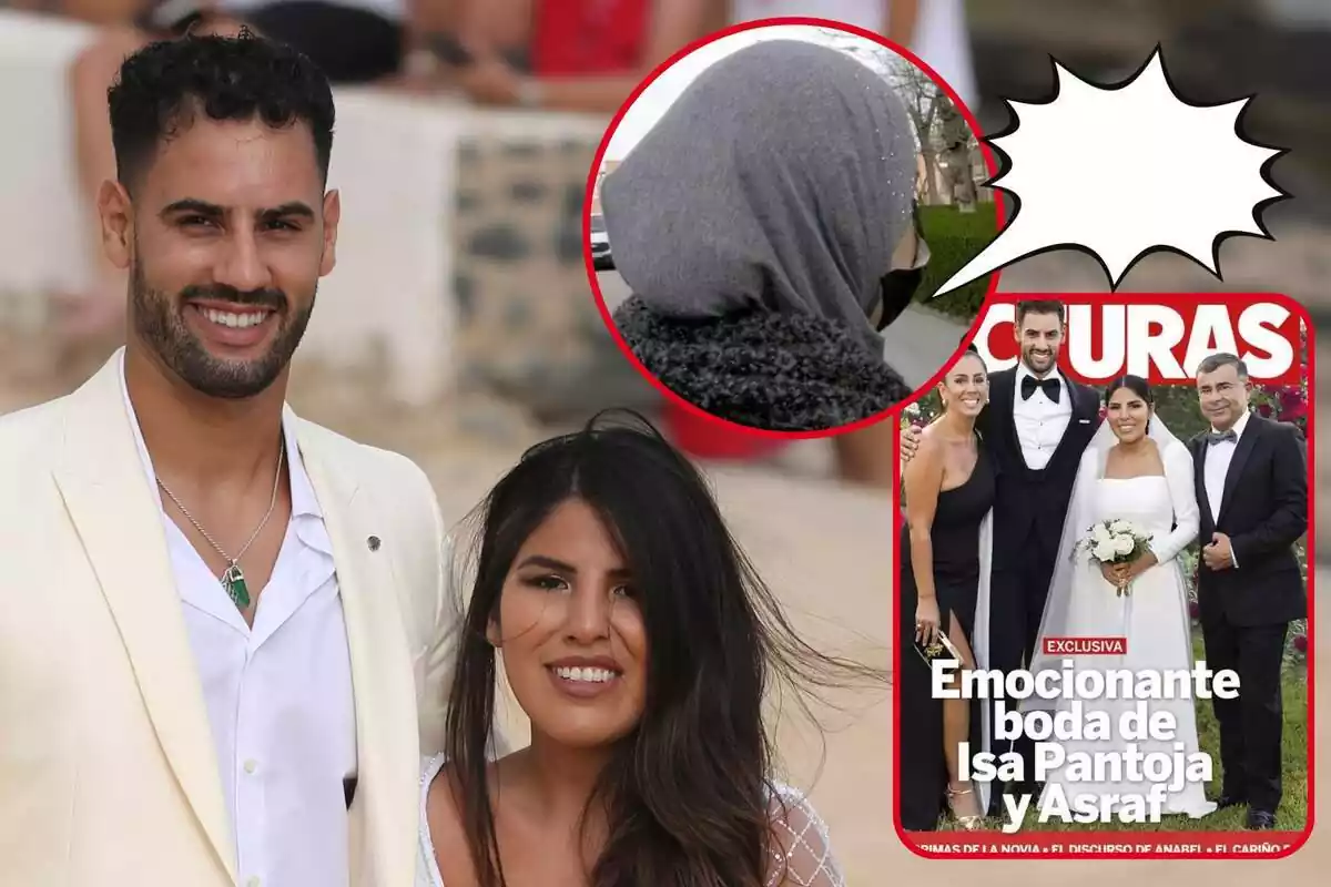 Montaje de fotos de Isa Pantoja y Asraf Beno y al lado una imagen de la madre de él de espaldas y la protada de 'Lecturas' que protagonizaron con motivo de su boda