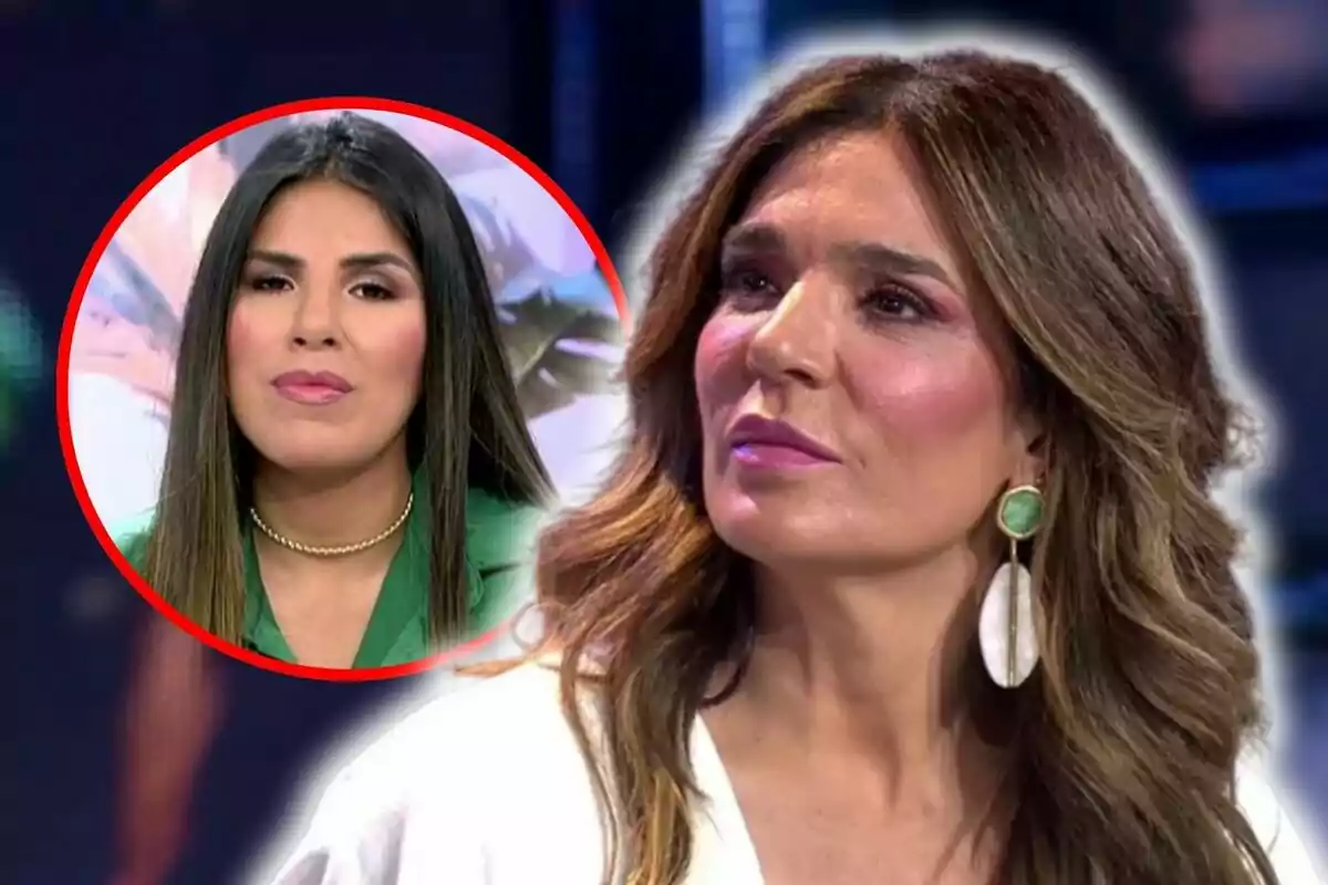 Montaje de fotos de primer plano de Raquel Bollo e Isa Pantoja, ambas sentadas en un plató de Telecinco con rostro serio.