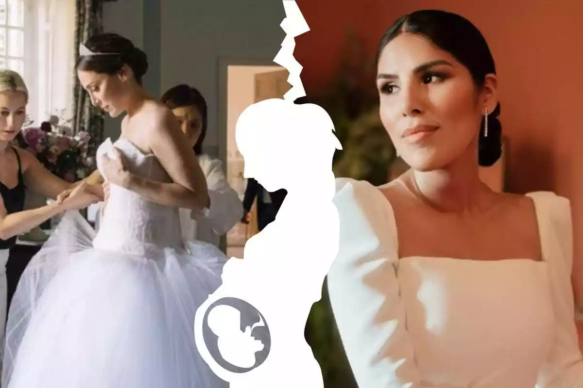 Montaje de fotos de Tamara Falcó e Isa Pantoja, ambas vestidas de novia, y en el centro una silueta de una mujer embarazada