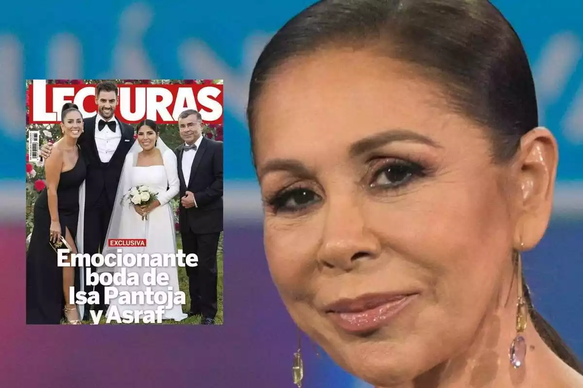 Montaje de fotos de Isabel Pantoja con la portada de 'Lecturas' donde aparece su hija, Asraf Beno, Anabel Pantoja y Jorge Javier Vázquez el día de la boda