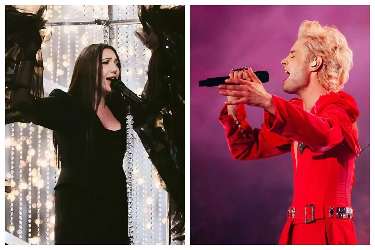 Dos cantantes en el escenario, una vestida de negro con un micrófono decorado representando a Israel y el otro de rojo con un micrófono en la mano, representando a Ucrania en Eurovisión, ambos cantando apasionadamente. Dos cantantes en el escenario, una vestida de negro con un micrófono decorado representando a Israel y el otro de rojo con un micrófono en la mano, representando a Ucrania en Eurovisión, ambos cantando apasionadamente.