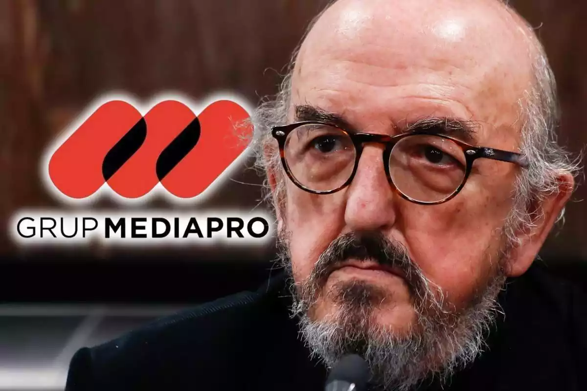 Montaje de fotos de Jaume Roures, en un primer plano y con rostro serio, y al lado el logo del grupo Mediapro
