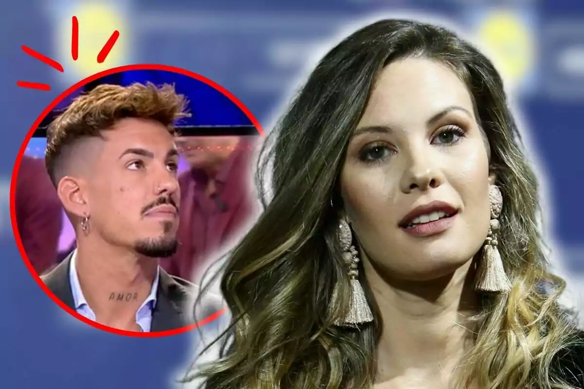 Jessica Bueno con pendientes grandes y cabello ondulado está en primer plano, mientras que en un círculo rojo al fondo aparece Luitingo con barba y un tatuaje en el cuello que dice "AMOR".