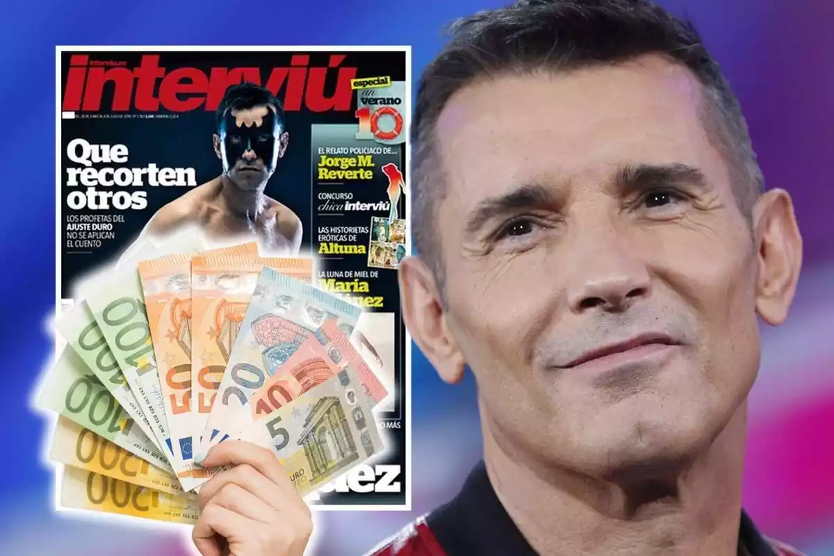 Montaje de fotos de primer plano de Jesús Vázquez, con rostro medio sonriente, y al lado su portada de la revista 'Interviú' con una mano sujetando billetes de euro