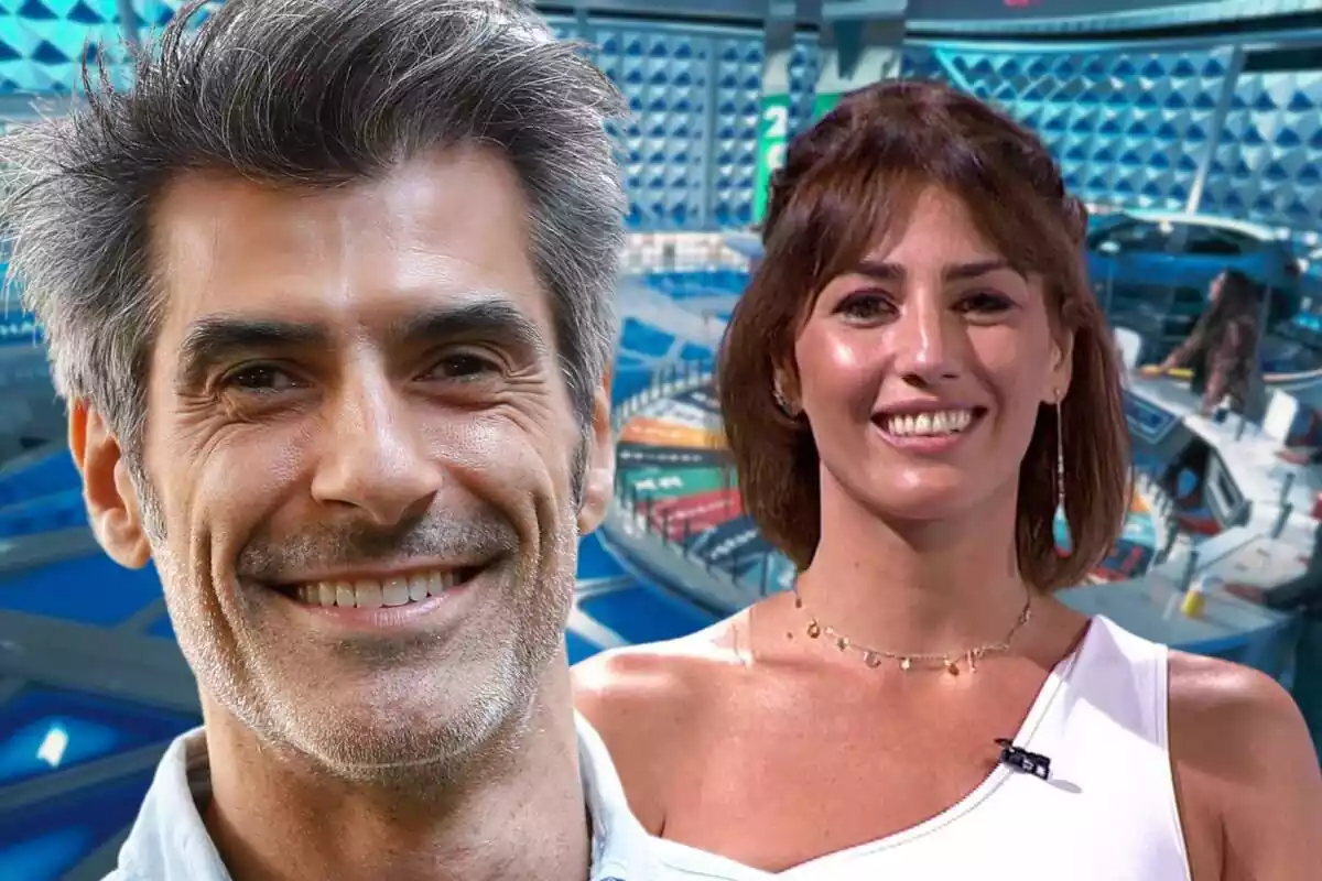 Montaje de fotos de Jorge Fernández y Laura Moure, ambos sonrientes, con el plató del programa 'La ruleta de la suerte' de Antena 3 de fondo