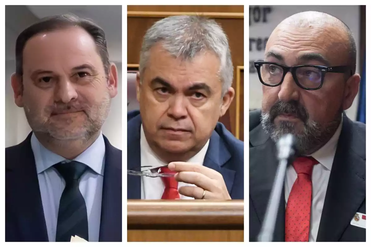 Montaje de fotos de plano corto de José Luís Ábalos, Santos Cerdán y Koldo García, los tres con rostro neutro. Montaje de fotos de plano corto de José Luís Ábalos, Santos Cerdán y Koldo García, los tres con rostro neutro.