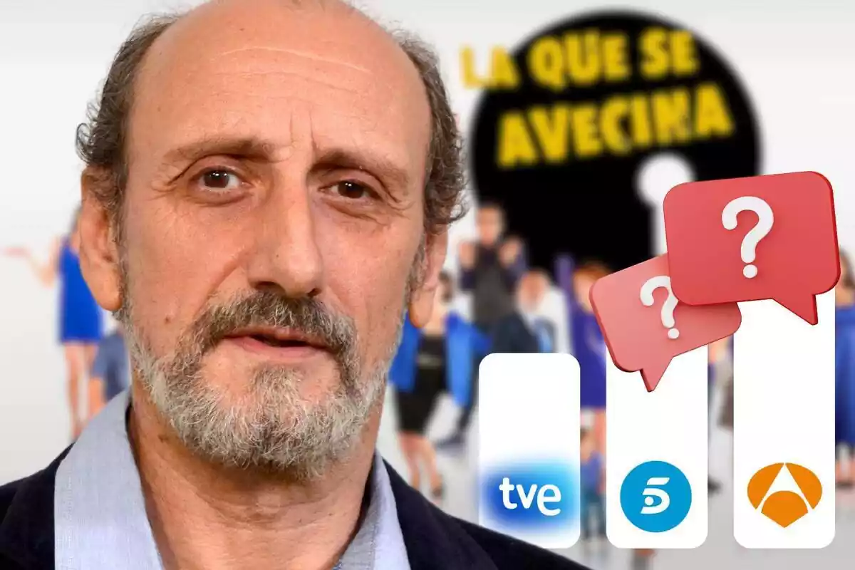 Montaje de fotos del actor José Luis Gil con el cartel promocional de la serie 'La que se avecina' de fondo y al lado un gráfico de barras con interrogantes