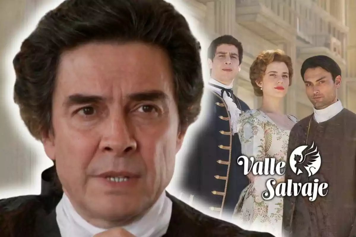 Montaje de fotos de José Manuel SEda en primer plano con expresión seria y tres personas al fondo vestidas con ropa de época junto al texto "Valle Salvaje".